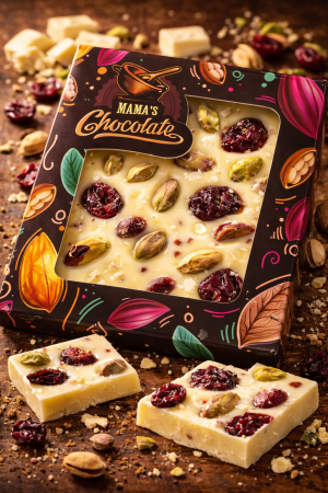 БЕЛГИЙСКИ БЯЛ ШОКОЛАД С ШАМ ФЪСТЪК И БОРОВИНКА 