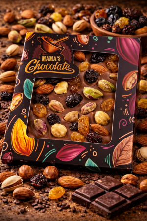 БЕЛГИЙСКИ МЛЕЧЕН ШОКОЛАД С БАДЕМ,ШАМ БЕЛЕН ШАМ ФЪСТЪК,ЧЕРВЕНА БОРОВИНКА И ТЪМНА ЕДРА СТАФИДА 