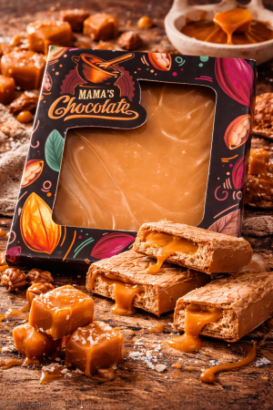 БЕЛГИЙСКИ КАРАМЕЛЕН ШОКОЛАД С ХРУПКАВА ВАФЛА И ТЕЧЕН КАРАМЕЛ